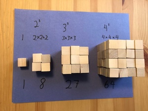 Wooden blocks arranged to show the cubes of two, three, and four.