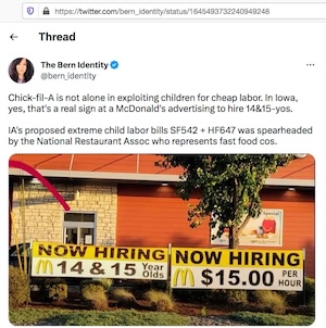 Image of a Tweet claiming that McDonald's is exploiting children for cheap labor.