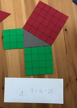 A triangle with sides 3, 4, and 5 units in length, plus squares with sides those lengths, illustrates the Pythagorean relationship.
