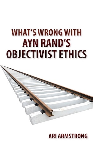 Cover of 'What's Wrong with Ayn Rand's Objectivist' Ethics,' showing railroad tracks on a white background stopping abruptly.