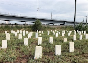 Train tracks run just past the area of the cemetery where Silas Soule is buried.
