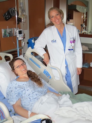 Dr. Brooke Spencer with Jennifer following the fibroid embolization procedure.